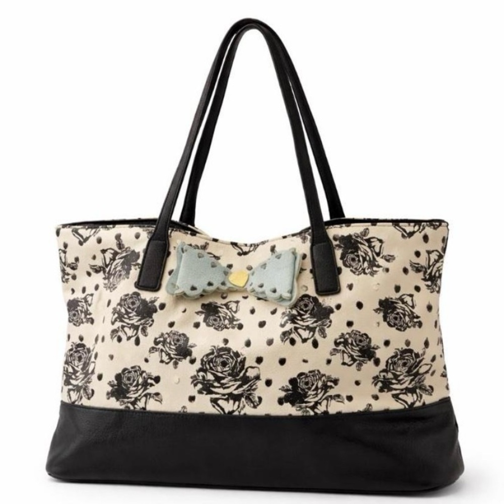 🩵Betsey Johnson Black Floral Polka Dot Tote Bag with Blue Bow Y2K Statement Bag🩵